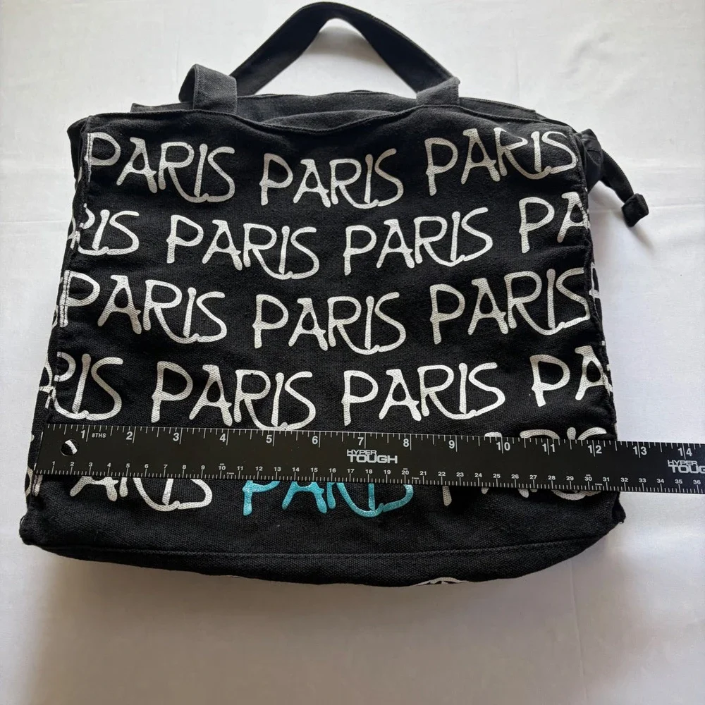 Robin Ruth Paris Canvas Tote Bag Black Script Print Zippered Shoulder Bag Travel